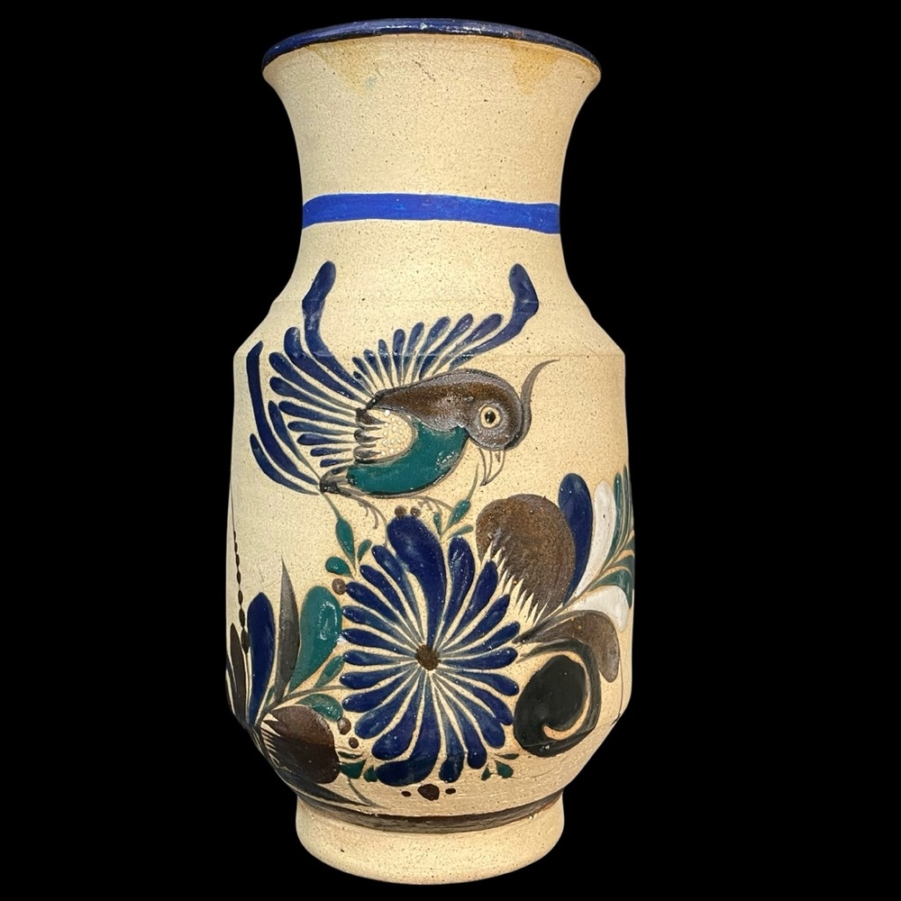 Vintage 1970s J. Mora Mexican Tonala Vase Signed Floral & Bird Pattern Folk Art